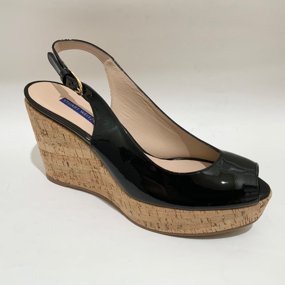 Stuart Weitzman Jean Black Leather Cork Wedge Platform Sandals  Summer Heels 9.5 - Picture 8 of 9